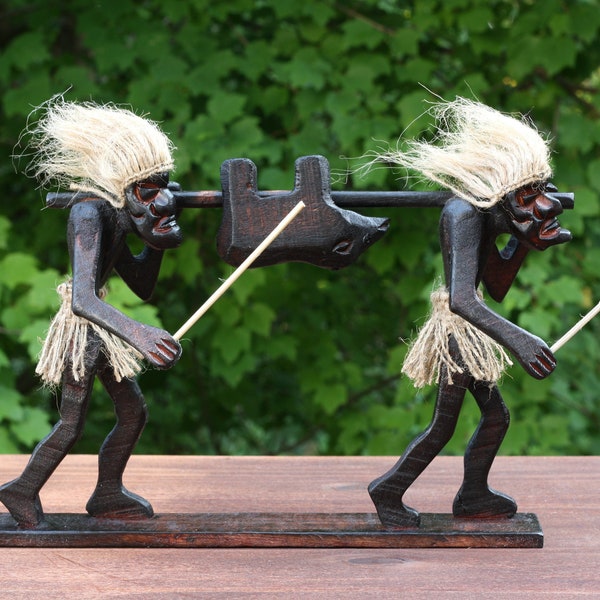 Handmade Wooden Primitive Hunters Tribal Statue Sculpture African Tiki Bar Unique Gift Home Decor Figurine Handcrafted Hand Carved