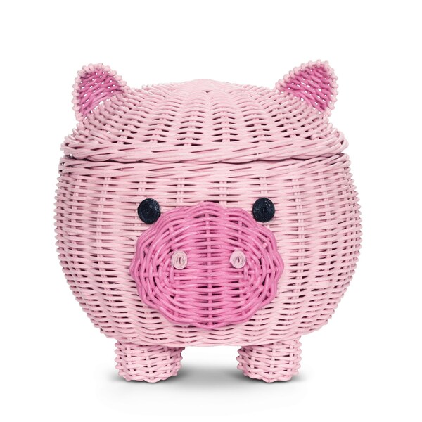 Large Pig Rattan Storage Basket with Lid Decorative Decor Hand Woven Shelf Organizer Cute Handmade Handcrafted Gift Decoration Wicker Piggy