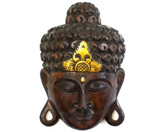 Wooden Wall Mask Serene Buddha Head Black Statue Hand Carved Sculpture Handmade Figurine Gift Home Decor Accent Handcrafted Wall Hanging