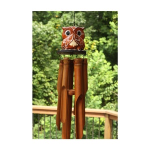 Handmade Wooden Speak No Evil Owl Bamboo Wind Chime Wood Statue Figurine Hoot Sculpture Patio Garden Outdoor Decor Handcrafted Decoration