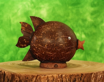 Handmade Coconut Shell Wood Cute Fish Coin Piggy Bank Handcrafted Wooden Hand Carved Keepsake Saving Money Adorable Kids Room Decor Gift