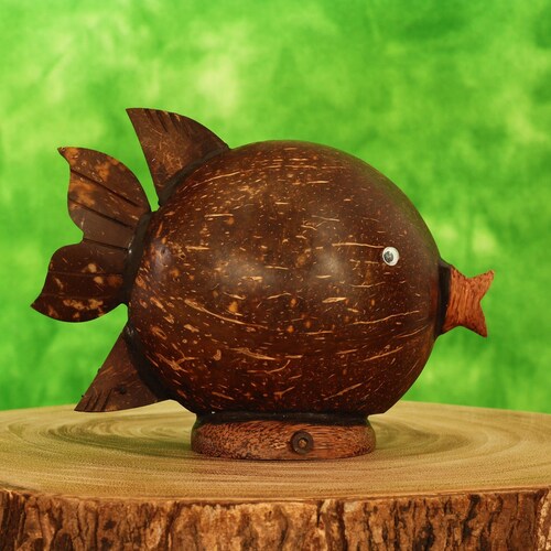 Handmade Coconut Shell Wood Cute Fish Coin Piggy Bank Etsy