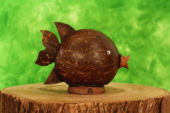 Handmade Coconut Shell Wood Cute Fish Coin Piggy Bank Handcrafted
