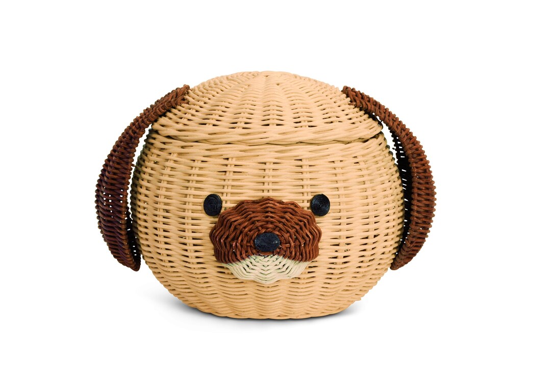 Dog Shaped Wicker Rattan Basket With Lid, Cute Bin With Puppy Head