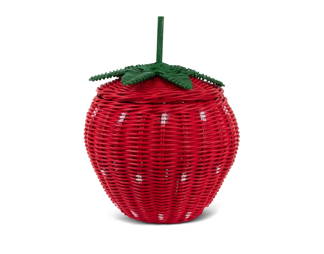 Hand Woven Strawberry Rattan Storage Basket With Lid Decorative Bin Home Decor Shelf Organizer