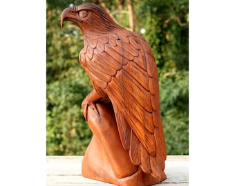 12" Large Big Solid Wooden Handmade American Eagle Statue Handcrafted Figurine Sculpture Art Hand Carved Rustic Lodge Outdoor Home Decor Us