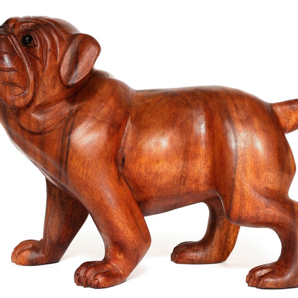 Wooden Hand Carved Walking Bulldog Statue Figurine Sculpture Art Rustic Home Decor Accent Handmade Handcrafted Wood Gift Dog Artwork