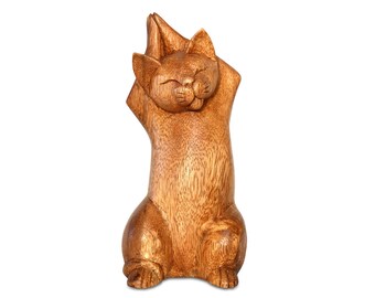 Wooden Cat sitting Hand Carved Rain Tree Wood Kitty Cat Figurine 