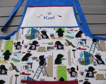 Children's apron for little craftsmen, with busy mole, size 98 to 128 available, customizable