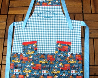 Boys apron with funny vehicles, animals and embroidered name