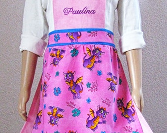 purple-pink children's apron with cute little dragon, personalized (with name), size 92 to 122 selectable