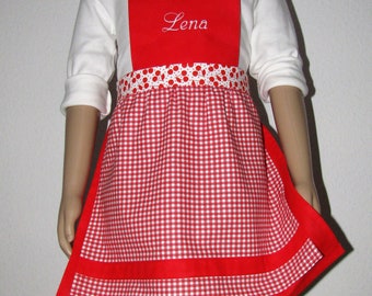 cute red children's apron with embroidered name size. 86 to 122