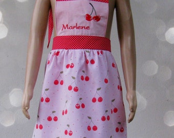 Children's apron with funny cherry motifs, can be personalised, can be ordered in sizes 104 to 128