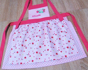 cute pink-red children's apron with strawberry motifs, personalized, in size. 92 to 122 available