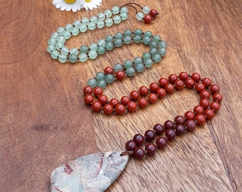 Mala meditation necklace / yoga necklace / Buddhist prayer necklace / yoga gift ideas / jasper, aventurine & jade