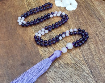 Mala necklace amethyst / gifts for yoga fans / mantra necklace / meditation necklace / amethyst and rose quartz