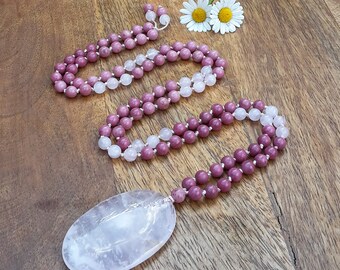 Mala meditation necklace / mala jewelry / hand-knotted mala / yoga gift / rhodonite and rose quartz