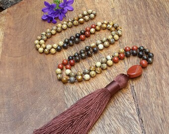 Meditation Necklace / Spiritual Jewelry / Mala Jasper / Gifts for Yogis / Bronzite, Red Jasper & Beige Jasper