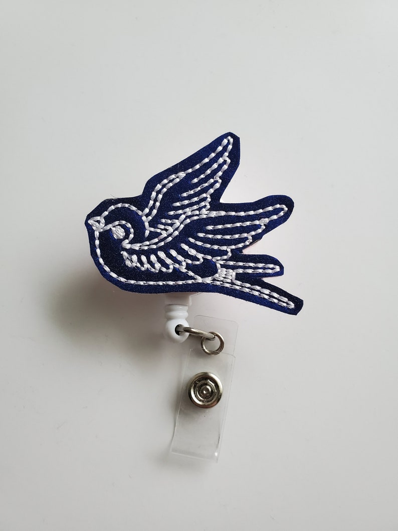 Belt Clip or Swivel Alligator Clip Swallow on Sapphire Blue Glitter Vinyl Feltie Badge Reel