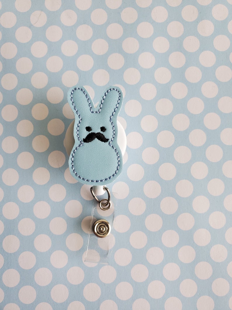 Belt Clip or Swivel Alligator Clip Bunny with Mustache Glitter Vinyl Feltie Badge Reel
