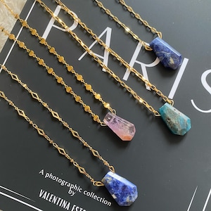 Natural Crystal Healing Necklaces, gemstone, gift, unique, handmade, gems, amethyst, apatite, solidite, 24k gold plated, layering, birthday