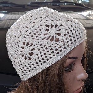 Crochet cap for summer spring for women cotton boho style beige cream floral pattern hand crocheted