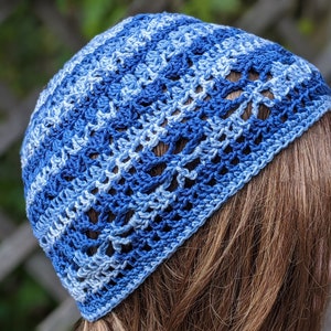 Beanie crochet hat for summer spring for women made of cotton boho style light blue medium blue white floral pattern hand crocheted