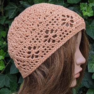 Crochet cap for summer spring for women cotton boho style apricot floral pattern hand crocheted