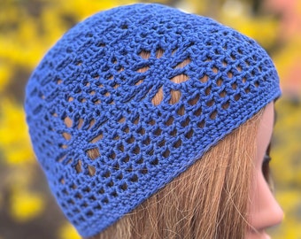 Sommer-Häkelmütze Häkelmütze für Sommer Frühjahr für Damen aus Baumwolle Boho Stil mittelblau kobaltblau Blumenmuster handgehäkelt