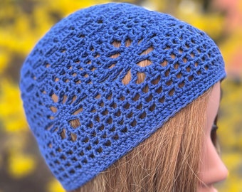 Cappello estivo all'uncinetto Cappello all'uncinetto per l'estate primaverile da donna realizzato in cotone stile boho blu medio blu cobalto con motivo floreale lavorato a mano all'uncinetto