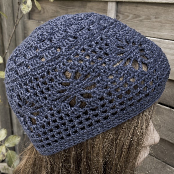 Crochet hat for summer spring for women made of cotton boho style dark blue floral pattern hand crocheted