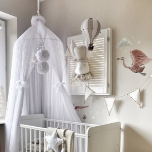 Dreamy Baby Big Baldachin 2 Pompoms Garland, Baby Crib Canopy, Nursery Canopy, Bed Baldachin, Crib Canopy, Canopy for Kids Room Tulle canopy