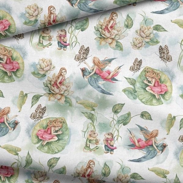 Thumbelina Premium Cotton Fabric, girl fabric, fairy tale fabric, children's fabric for girl, swallow mole mouse flowers