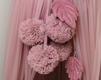 Dreamy Baby Baldachin + 2 Pompoms Garland + Metal handle, Baby Crib Canopy, Nursery Canopy, Bed Baldachin, Crib Canopy, Tulle canopy