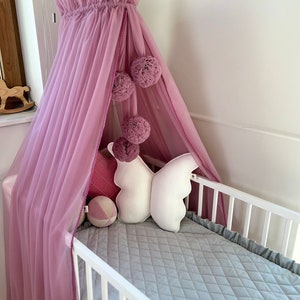 Canopy Bed, Baby Baldachin, 4 Pompoms Garland, Metal Handle, Baby Crib Canopy, Bed Baldachin, Crib Canopy for Kids Room, Tulle canopy Dirty heather
