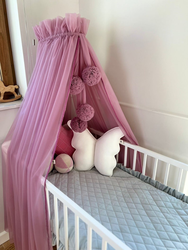 Canopy Bed, Baby Baldachin, 4 Pompoms Garland, Metal Handle, Baby Crib Canopy, Bed Baldachin, Crib Canopy for Kids Room, Tulle canopy Dirty heather