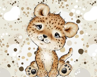 May include: A cute cartoon leopard cub with brown spots sitting on a beige background with brown and white polka dots.