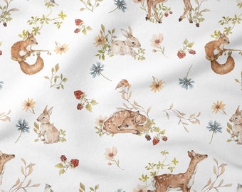 Woodland Fabric, Forest Animals Premium Cotton Fabric, Forest Friends roe, hare, squirrel, autumn forest, autumn fabric 50x155cm/19,7x61"