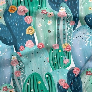 Hochwertiger Baumwollstoff, blühender Kaktus Stoff, grüne und blaue Kakteen, Sukkulenten Stoff, hochwertige Premium-Baumwolle, 50x160cm
