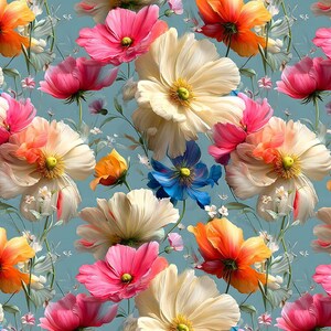 May include: A seamless floral pattern featuring a variety of colorful flowers. The design includes large blooms in shades of pink, orange, cream, and blue, set against a light blue background. The flowers have yellow centers and are surrounded by delicate green stems and small white blossoms.