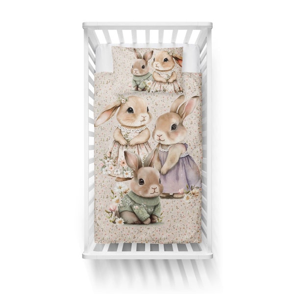 4 Piece Rabbits in flowers Bedding Set, Crib Bedding, Bunnies Bedding, Bedclothes, Duvet/Pillow Case, Cherry Stone Pillow, Baby Shower Gift