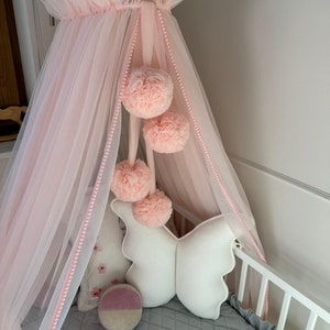 Canopy Bed, Baby Baldachin, 4 Pompoms Garland, Metal Handle, Baby Crib Canopy, Bed Baldachin, Crib Canopy for Kids Room, Tulle canopy Light pink