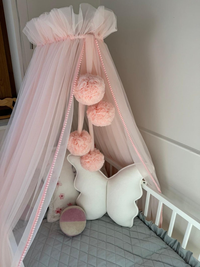 Canopy Bed, Baby Baldachin, 4 Pompoms Garland, Metal Handle, Baby Crib Canopy, Bed Baldachin, Crib Canopy for Kids Room, Tulle canopy Light pink