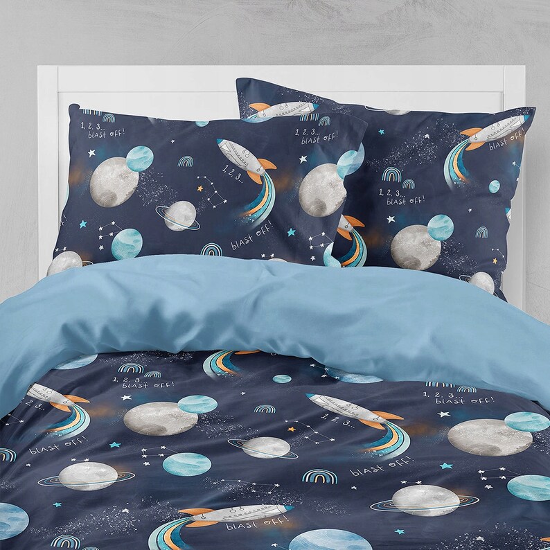 Tessuto di cotone premium Space Blast Off, tessuto per bambini, arcobaleno, razzo, pianeti, astronave, galassia, costellazione immagine 4