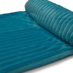 May include: A rolled-up, teal-colored plush blanket with a ribbed texture. The soft blanket is made of a fuzzy material and is partially rolled, revealing the texture and color. The blanket is a solid color and appears to be new.