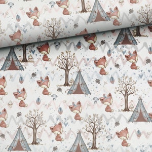 Tessuto di cotone Forest Foxes su sfondo bianco, amici della foresta, volpi nella foresta, tenda teepee a zigzag in cotone premium 50x160cm