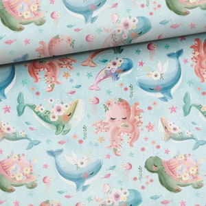 Bamboo Muslin, Marine animals Bamboo Viscose, Swaddle Muslin Fabric, Nursery Decor Bedding, Digital Print Dolphin Octopus Turtle Whale