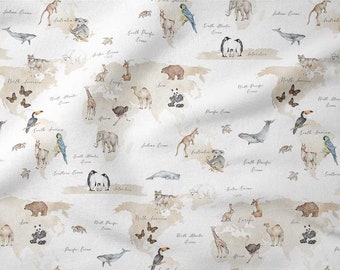 Travel Fabric, World Map with Animals Premium Cotton Fabric, baby fabric, Continents Fabric, animals in the world, Satin Cotton 50cm/0,55yd