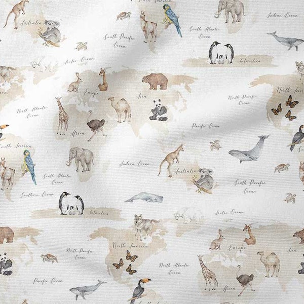 Carte du monde avec des animaux tissu de coton premium, tissu pour enfants continents, animaux dans le monde, fond blanc 50cm / 0.55yd