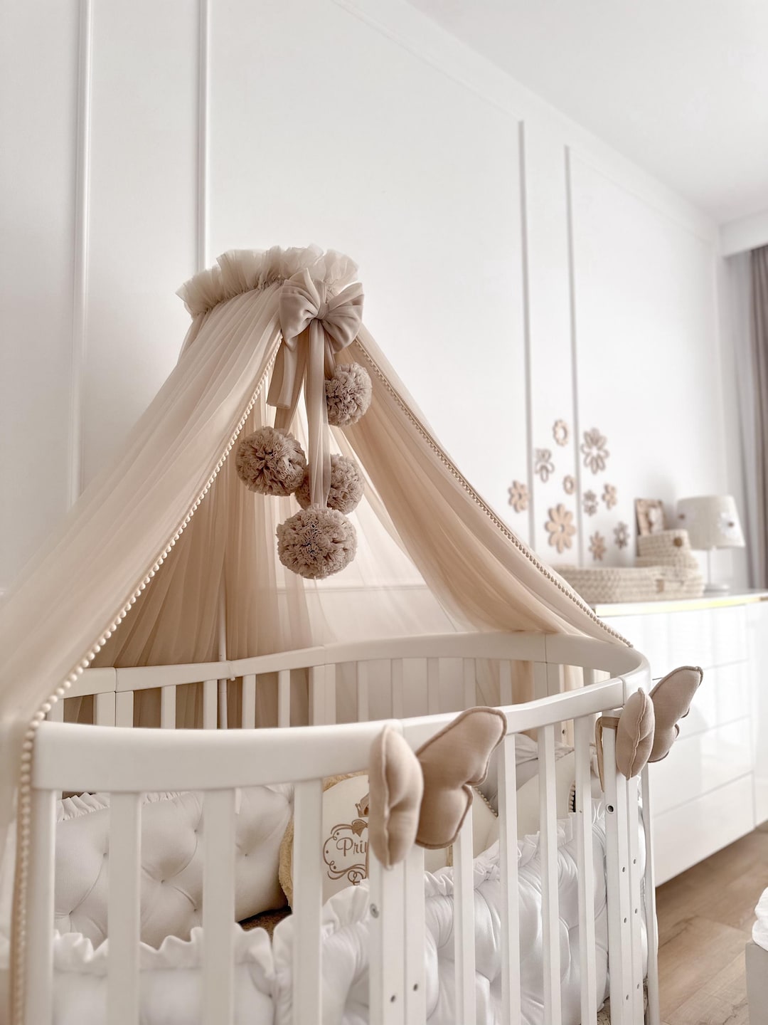 Canopy Bed, Baby Baldachin, Pompoms Garland, Metal Handle, Baby